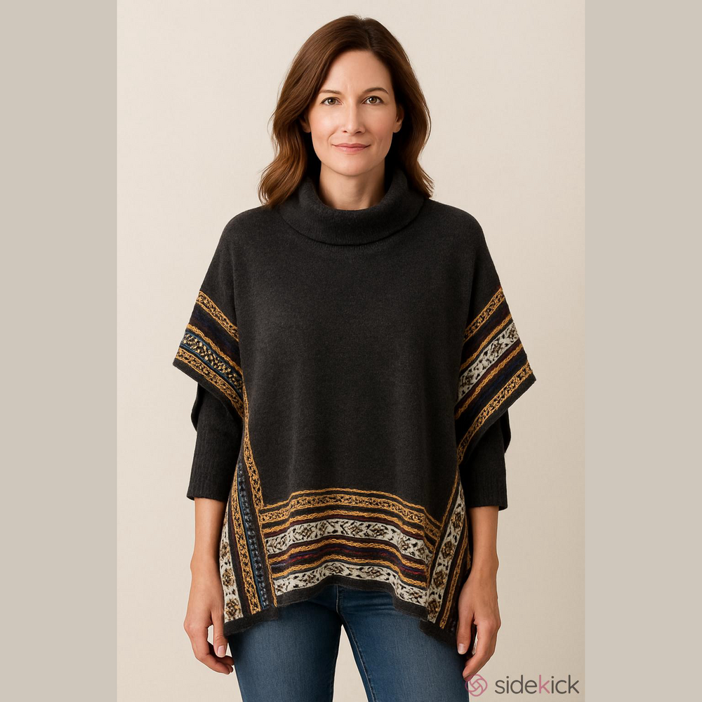 Zoe Gray Patterned Poncho Sweater with Sleeves